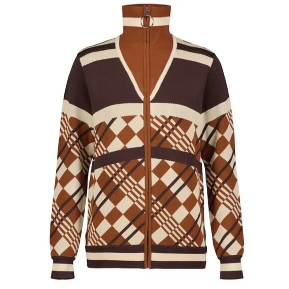 Dodo Bar Or Paula Jacquard-Knit Zip Jacket 2 Tone Brown Geometric Pattern 46. - Picture 15 of 16